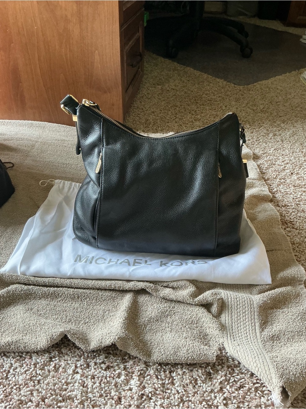 Michael Kors Black Pebbled Leather Shoulder Bag with Gold Hardware